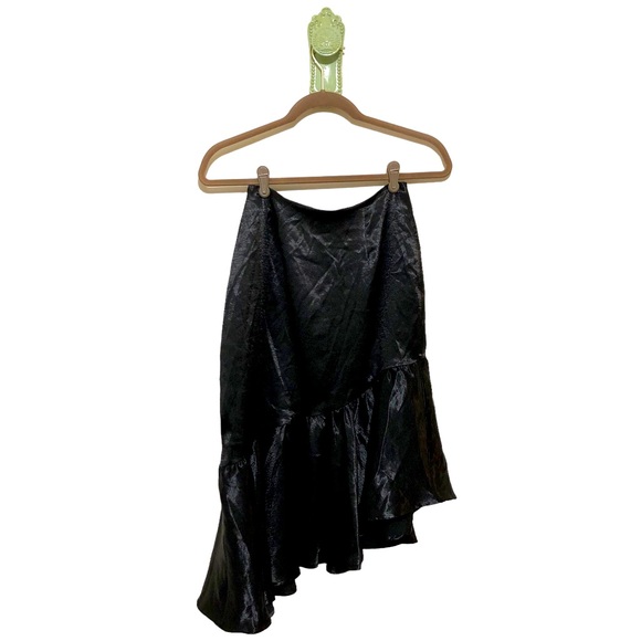 Metallic Shimmer Mermaid Skirt Midi Black Asymmetric Ruffle Flat Front Back Zip - Picture 1 of 12